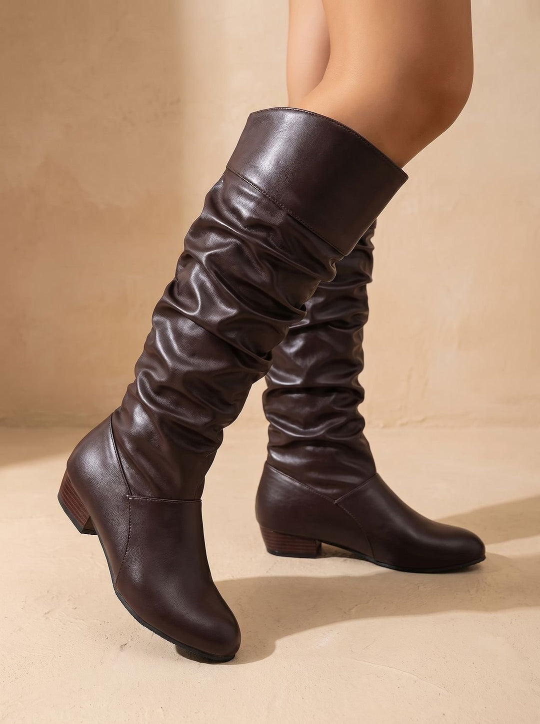 Women's Slouchy Knee High Boots Pointed-Toe Low Block Heel Pull-On - Coffee Brown