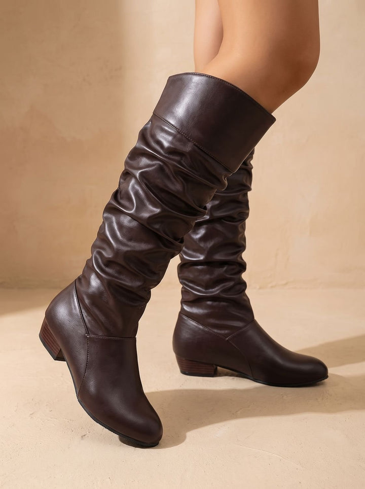 Women's Slouchy Knee High Boots Pointed-Toe Low Block Heel Pull-On - Coffee Brown