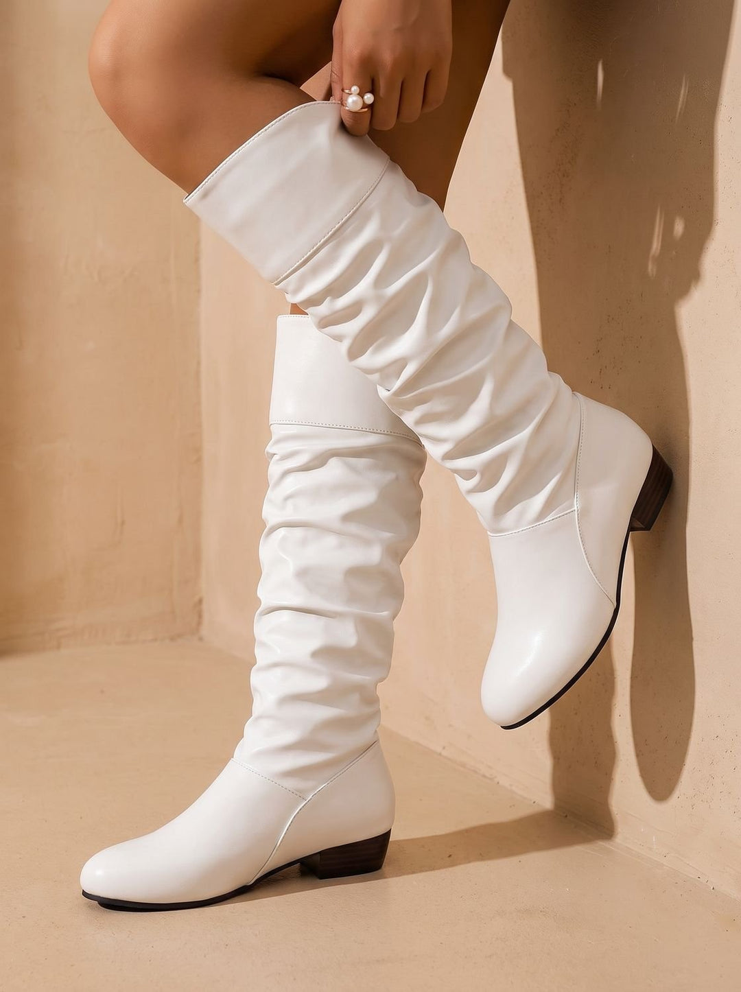 Women's Slouchy Knee High Boots Pointed-Toe Low Block Heel Pull-On - White