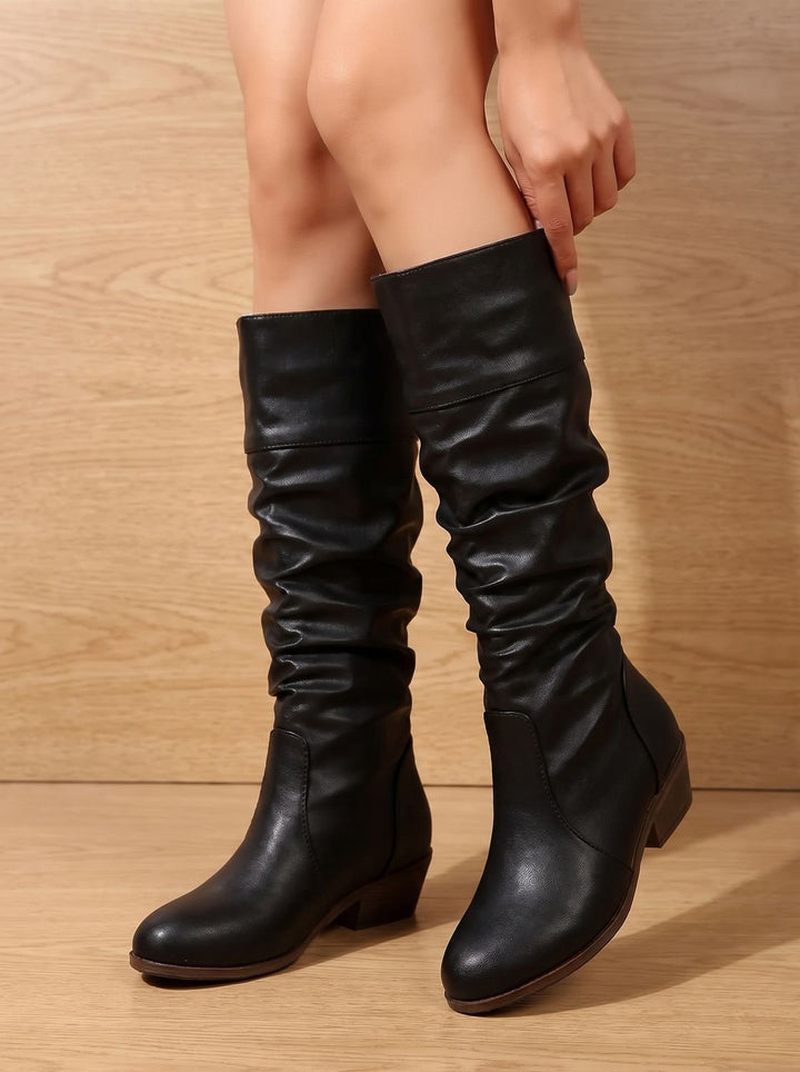 Women's Slouchy Pull-On Block Heel Western Boots - Black