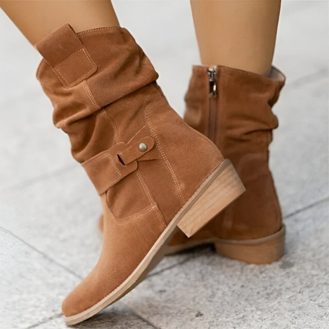 Women's Slouchy Suede Mid-Calf Knee High Boots Low Block Heel - Brown