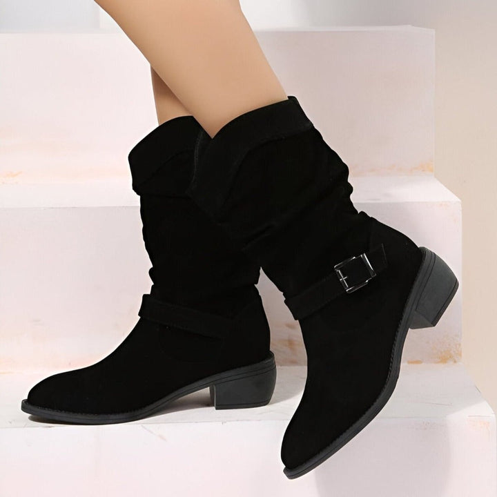 Women's Slouchy Suede Mid-Calf Knee High Boots Low Block Heel - Black
