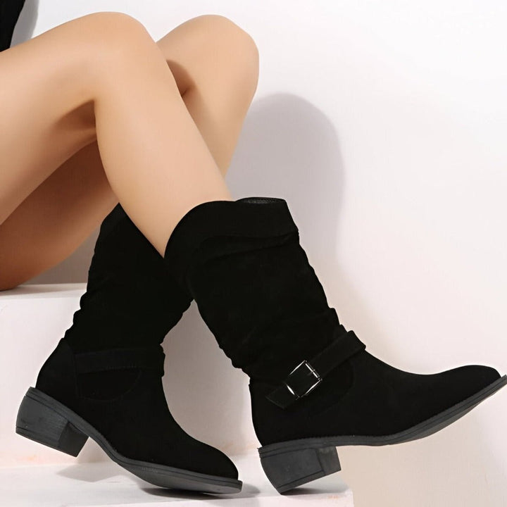 Women's Slouchy Suede Mid-Calf Knee High Boots Low Block Heel