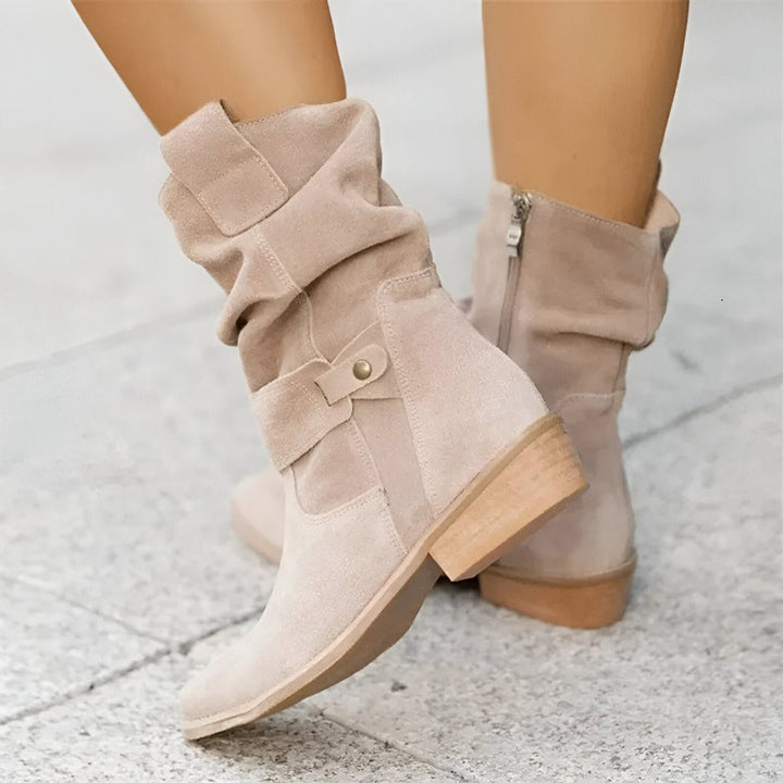 Women's Slouchy Suede Mid-Calf Knee High Boots Low Block Heel - Beige