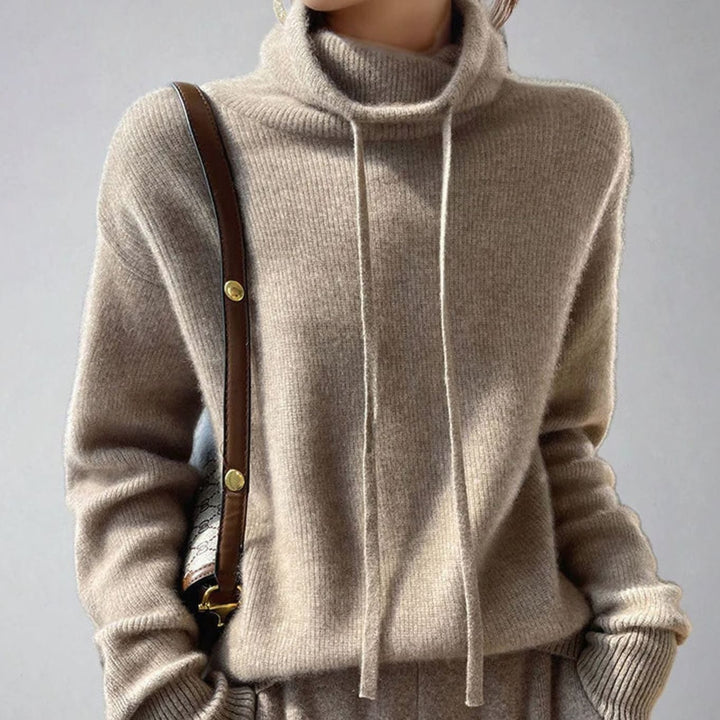 Women's Slouchy Turtleneck Drawstring Pullover Sweater - Khaki