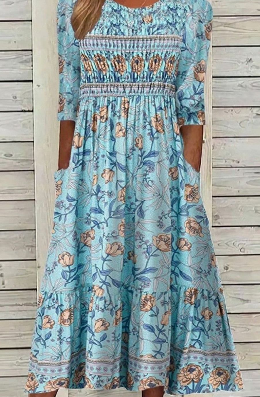 Women's Smocked Boho Floral Midi Dress Puff Sleeve - Blue