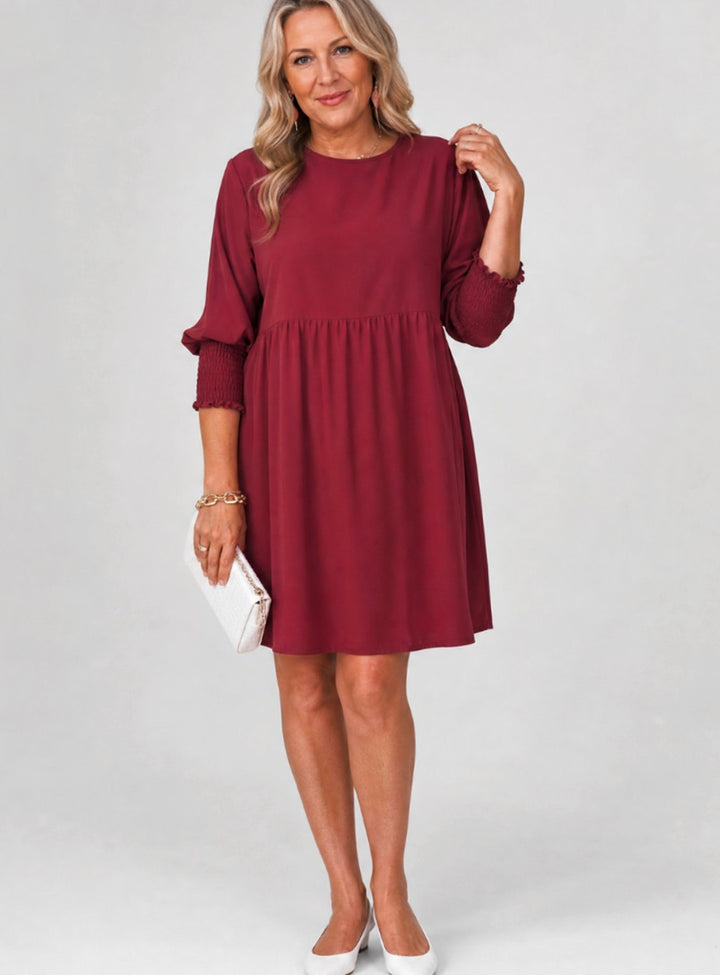 Women's Smocked Cuff 3/4 Sleeve Gathered Waist Mini Dress - Burgundy