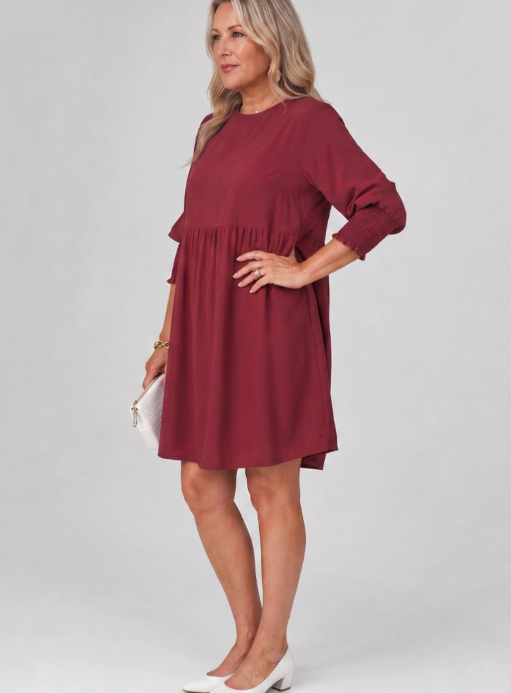 Women's Smocked Cuff 3/4 Sleeve Gathered Waist Mini Dress