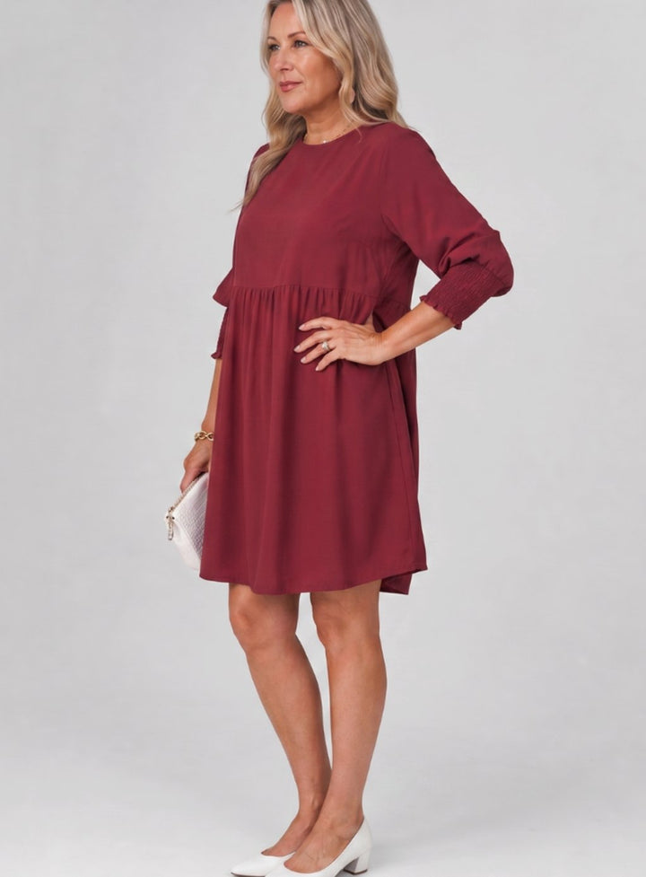 Women's Smocked Cuff 3/4 Sleeve Gathered Waist Mini Dress