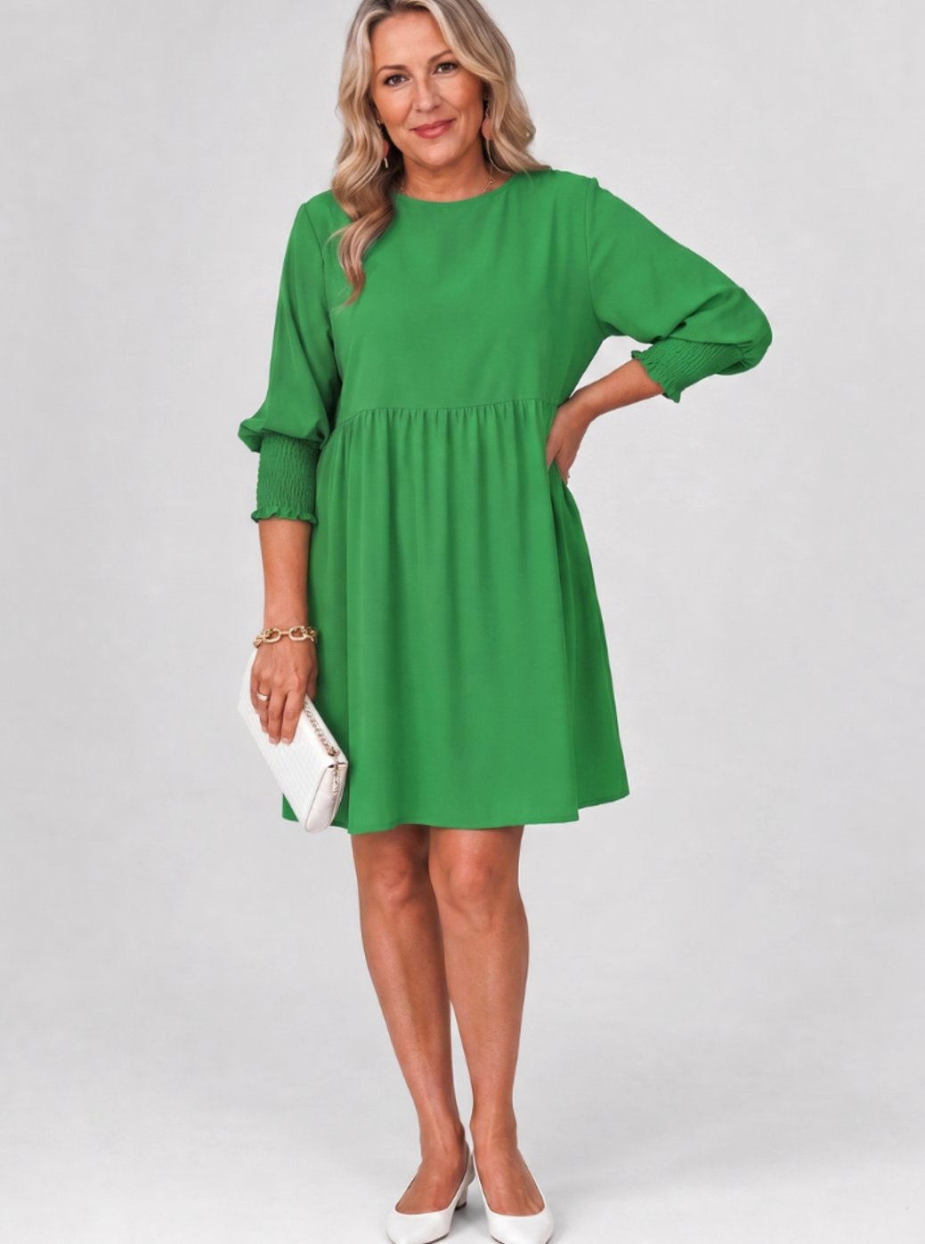 Women's Smocked Cuff 3/4 Sleeve Gathered Waist Mini Dress - Green