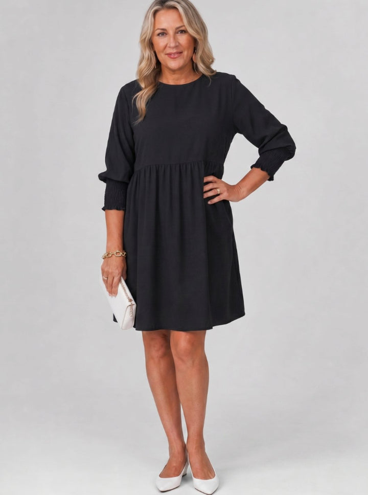 Women's Smocked Cuff 3/4 Sleeve Gathered Waist Mini Dress - Black