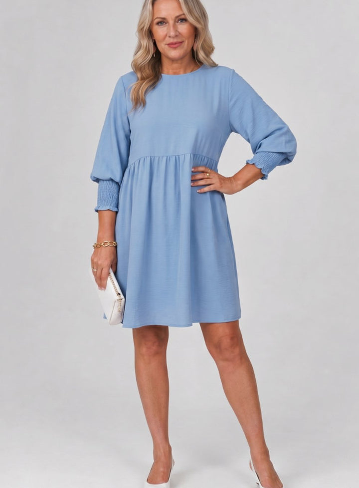 Women's Smocked Cuff 3/4 Sleeve Gathered Waist Mini Dress - Sky Blue