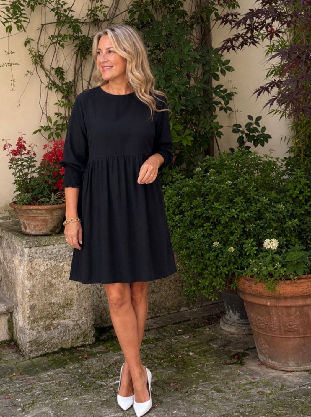 Women's Smocked Cuff 3/4 Sleeve Gathered Waist Mini Dress