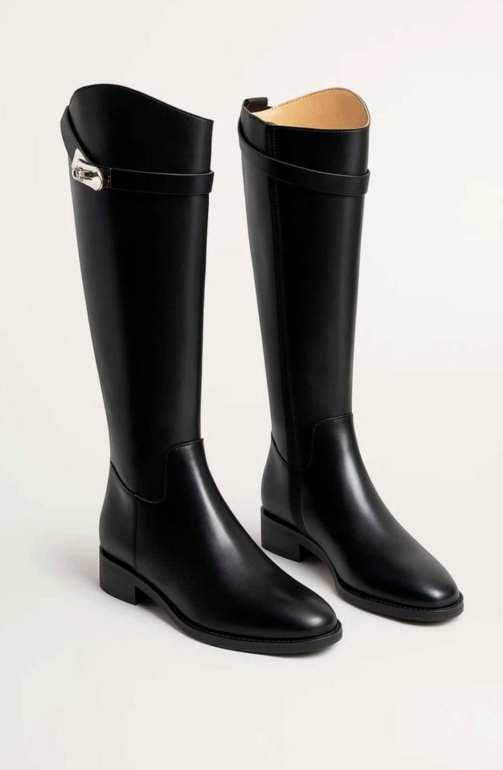 Women's Smooth Leather-Look Knee High Boots Buckle Detail - Black