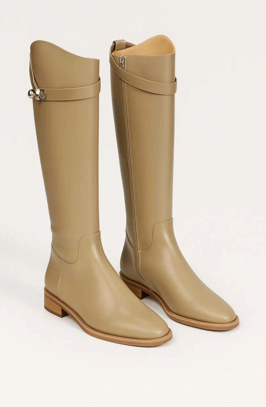 Women's Smooth Leather-Look Knee High Boots Buckle Detail - Beige