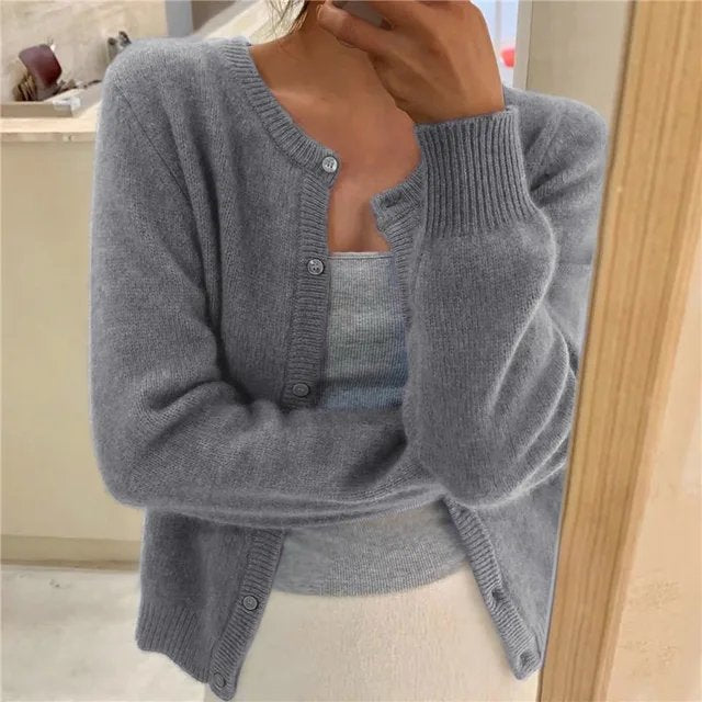 Women's Soft Knit Button-Front Round Neck Cardigan - Grey
