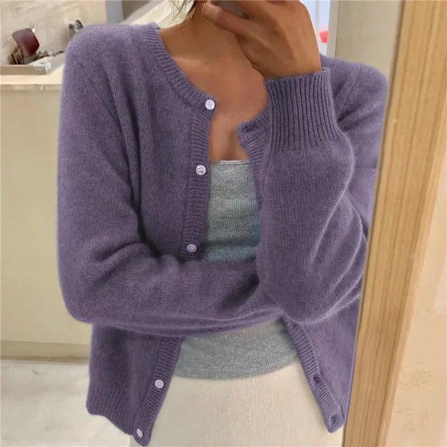 Women's Soft Knit Button-Front Round Neck Cardigan - Purple