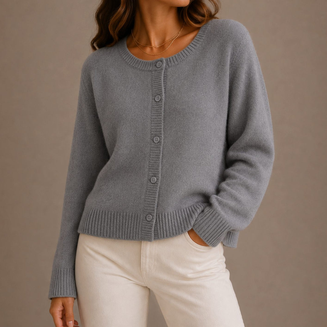 Women's Soft Knit Button-Up Round Neck Cardigan Sweater - Gray