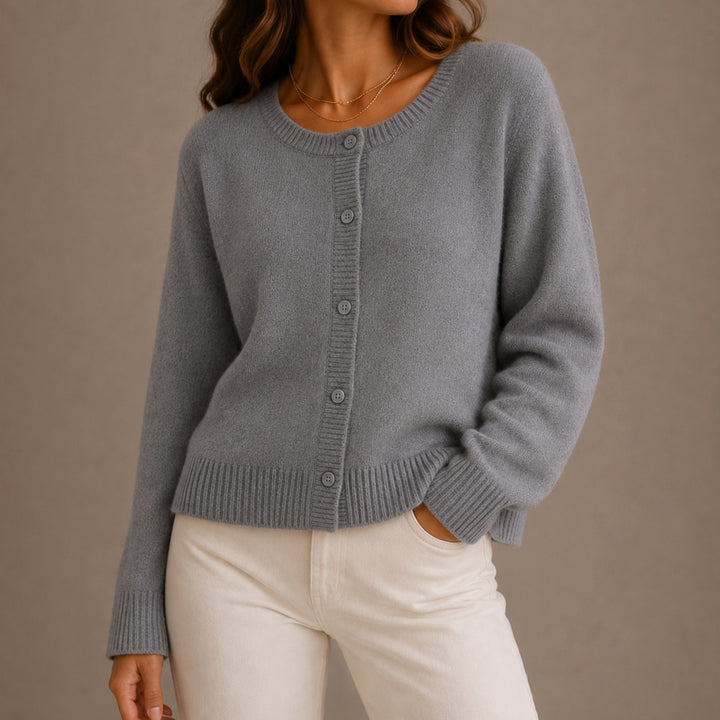 Women's Soft Knit Button-Up Round Neck Cardigan Sweater - Gray