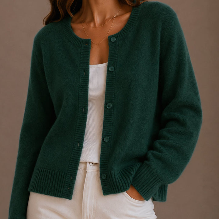 Women's Soft Knit Button-Up Round Neck Cardigan Sweater - Green