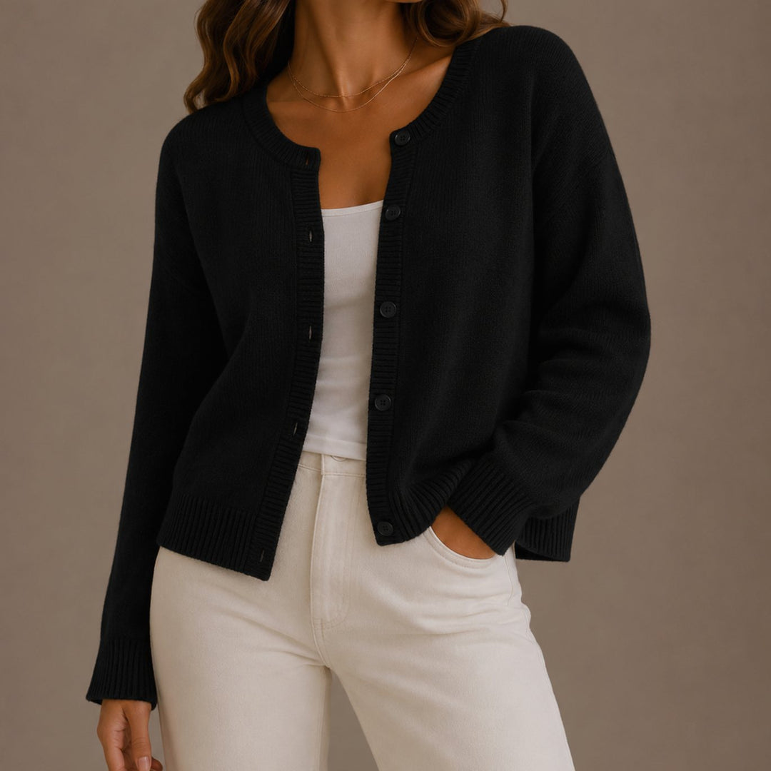 Women's Soft Knit Button-Up Round Neck Cardigan Sweater - Black