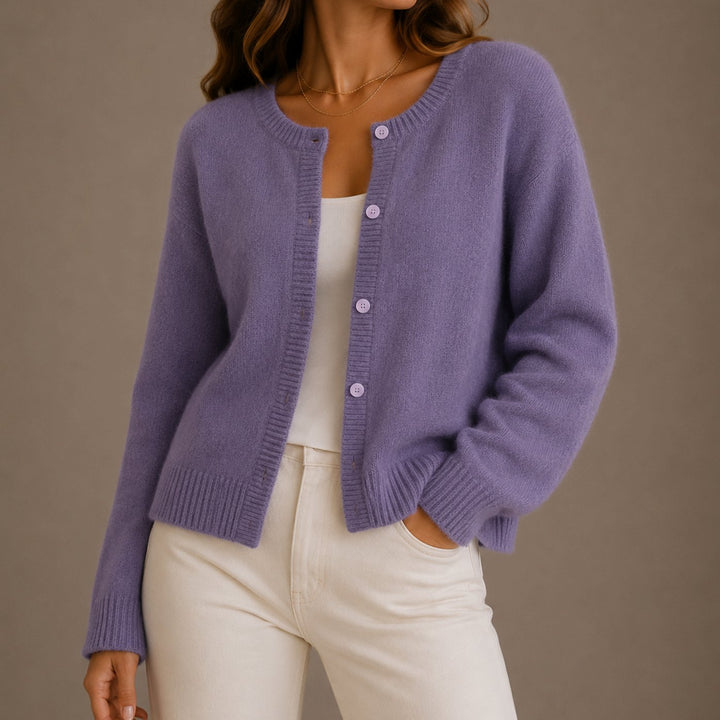 Women's Soft Knit Button-Up Round Neck Cardigan Sweater - Purple