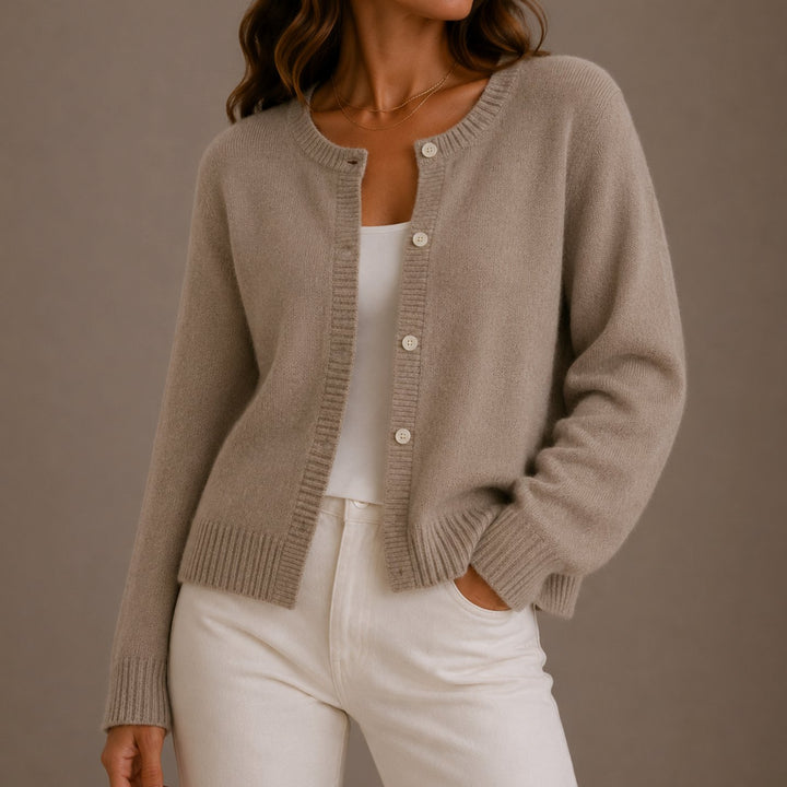 Women's Soft Knit Button-Up Round Neck Cardigan Sweater - Beige