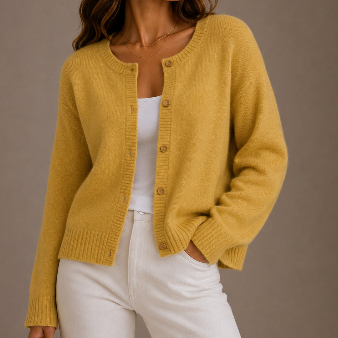 Women's Soft Knit Button-Up Round Neck Cardigan Sweater - Yellow