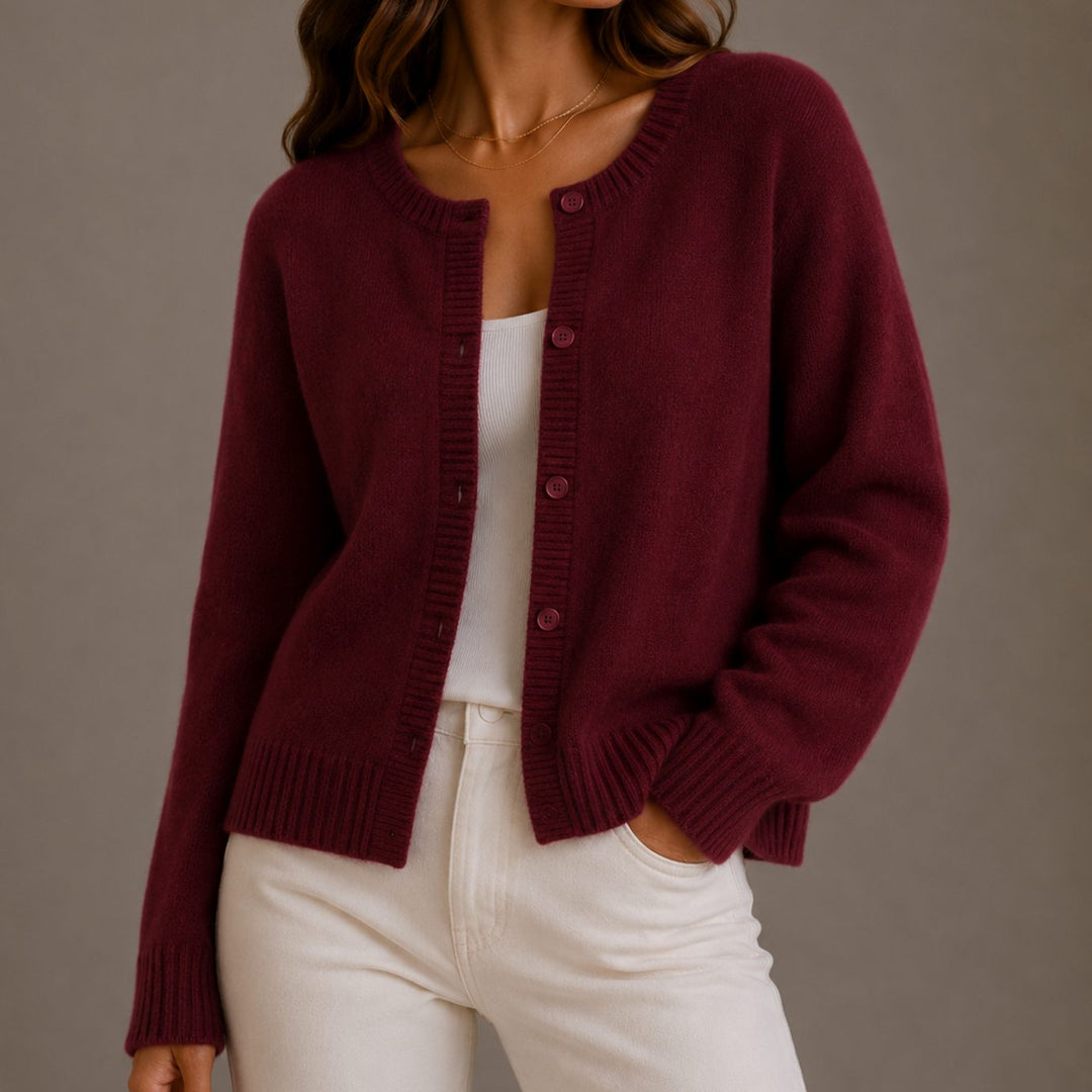 Women's Soft Knit Button-Up Round Neck Cardigan Sweater - Red Carpet