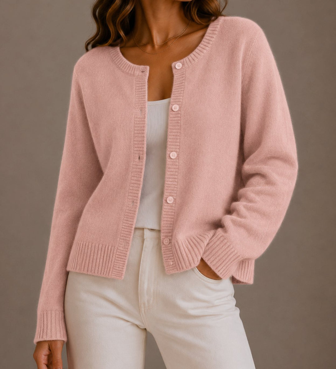 Women's Soft Knit Button-Up Round Neck Cardigan Sweater - Pink