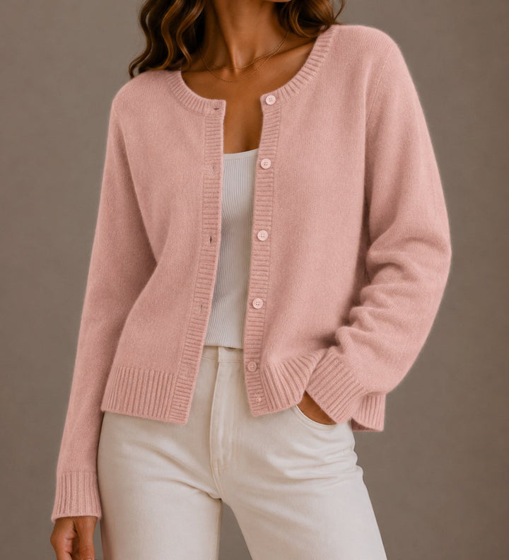 Women's Soft Knit Button-Up Round Neck Cardigan Sweater - Pink