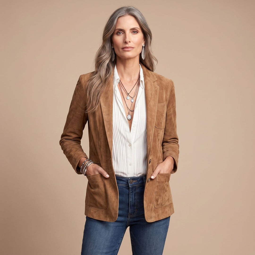 Women's Soft Suede Button-Down Notch-Lapel Blazer - Brown