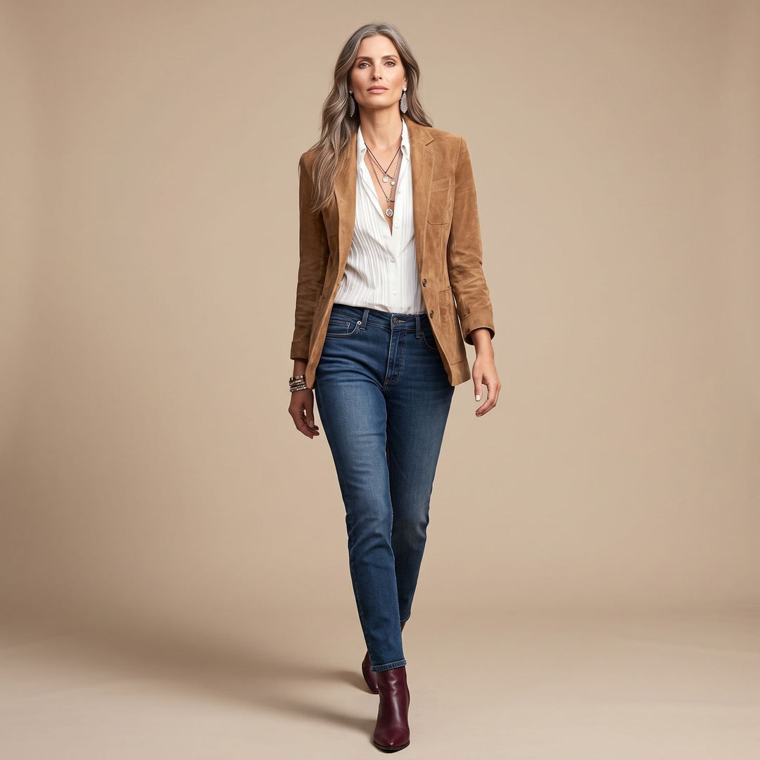 Women's Soft Suede Button-Down Notch-Lapel Blazer