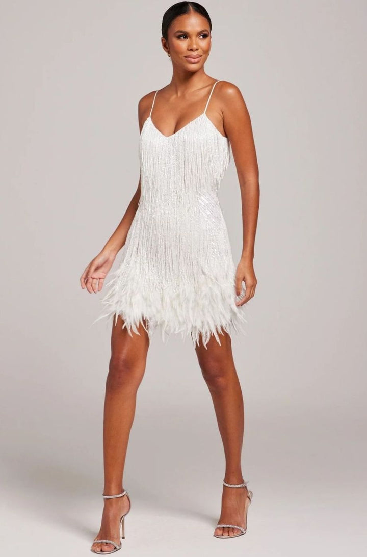 Women's Spaghetti Strap Beaded Fringe Feather Cocktail Dress