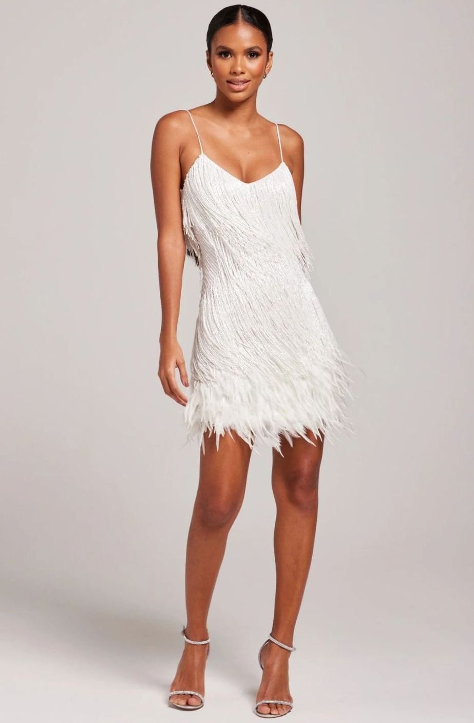Women's Spaghetti Strap Beaded Fringe Feather Cocktail Dress