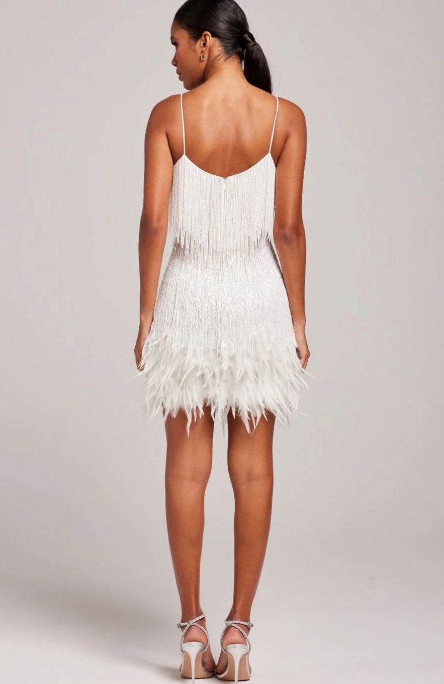 Women's Spaghetti Strap Beaded Fringe Feather Cocktail Dress