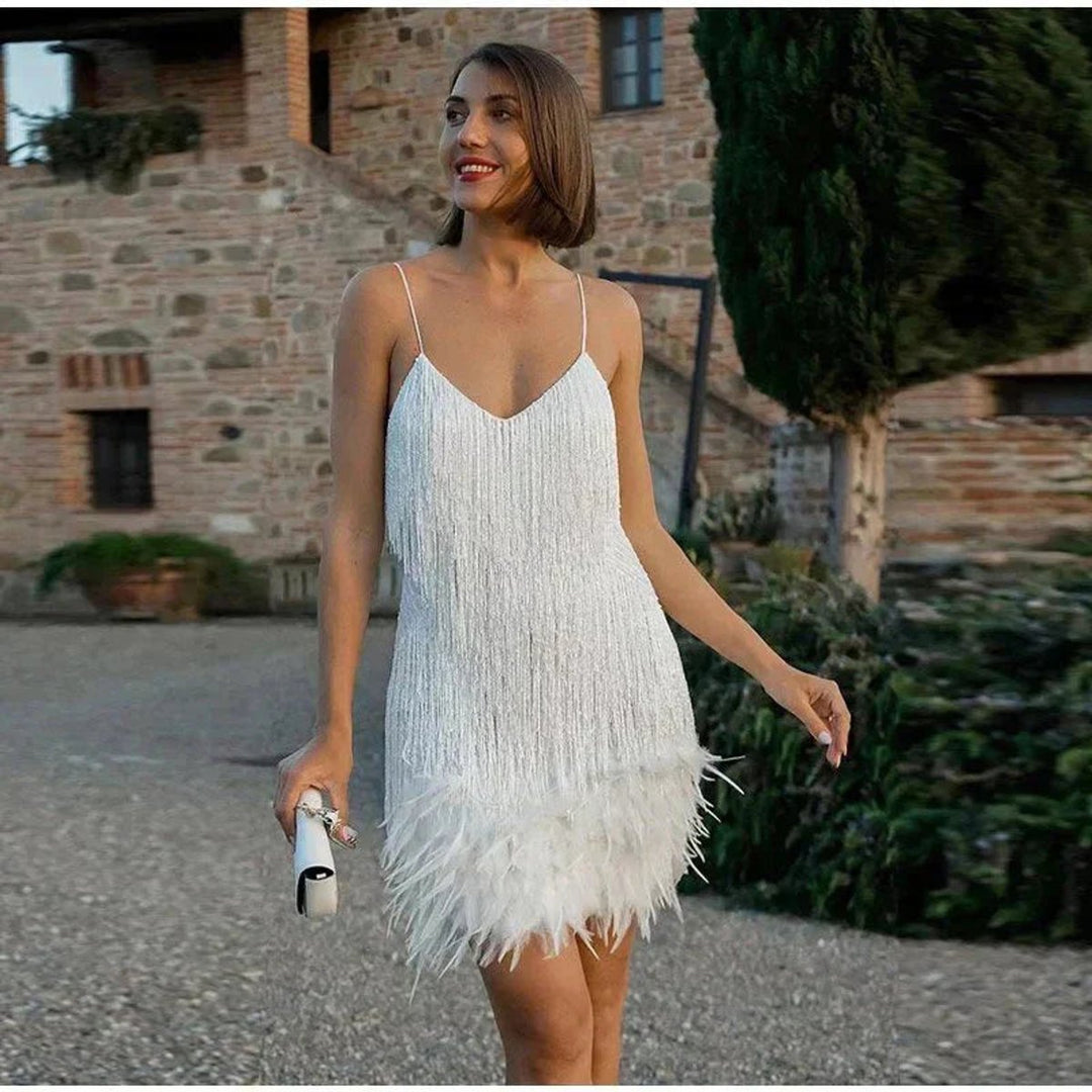 Women's Spaghetti Strap Fringe Feather-Trim Mini Cocktail Dress