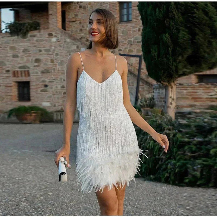 Women's Spaghetti Strap Fringe Feather-Trim Mini Cocktail Dress