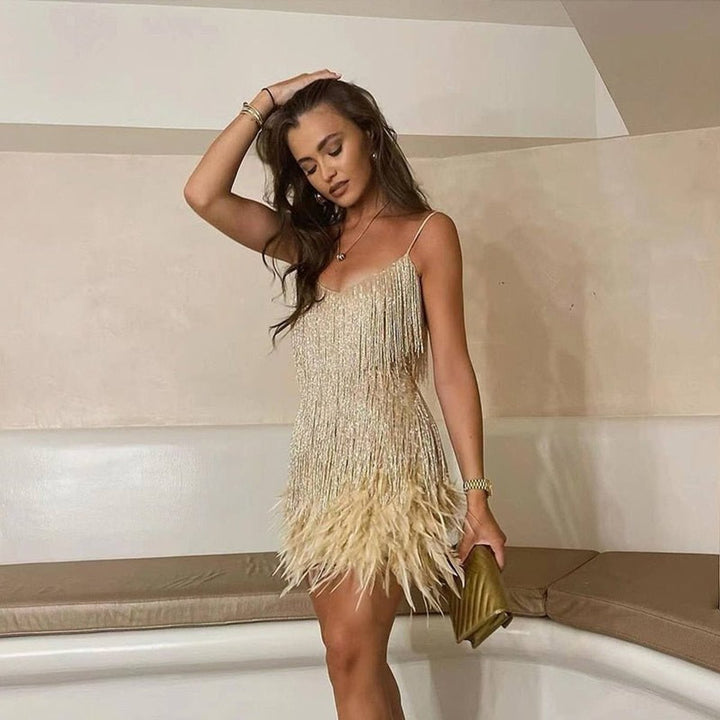 Women's Spaghetti Strap Fringe Feather-Trim Mini Cocktail Dress - Gold