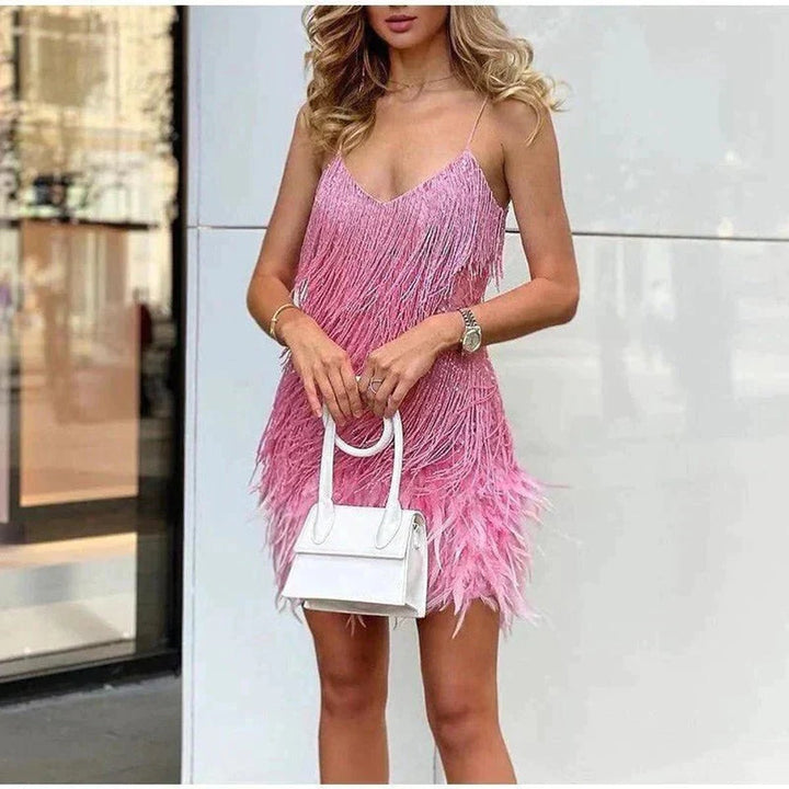 Women's Spaghetti Strap Fringe Feather-Trim Mini Cocktail Dress - Pink