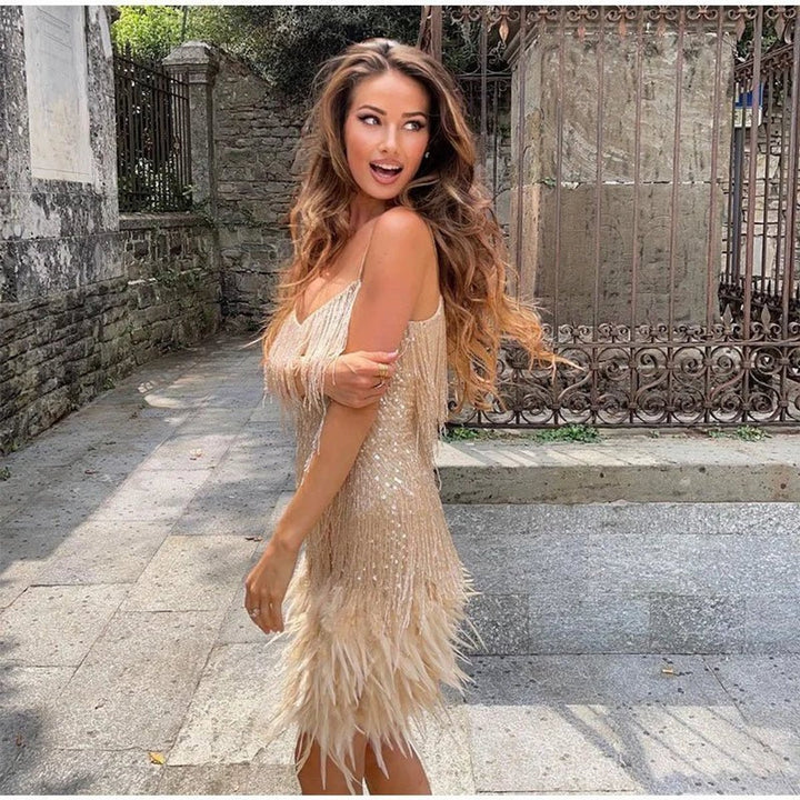 Women's Spaghetti Strap Fringe Feather-Trim Mini Cocktail Dress