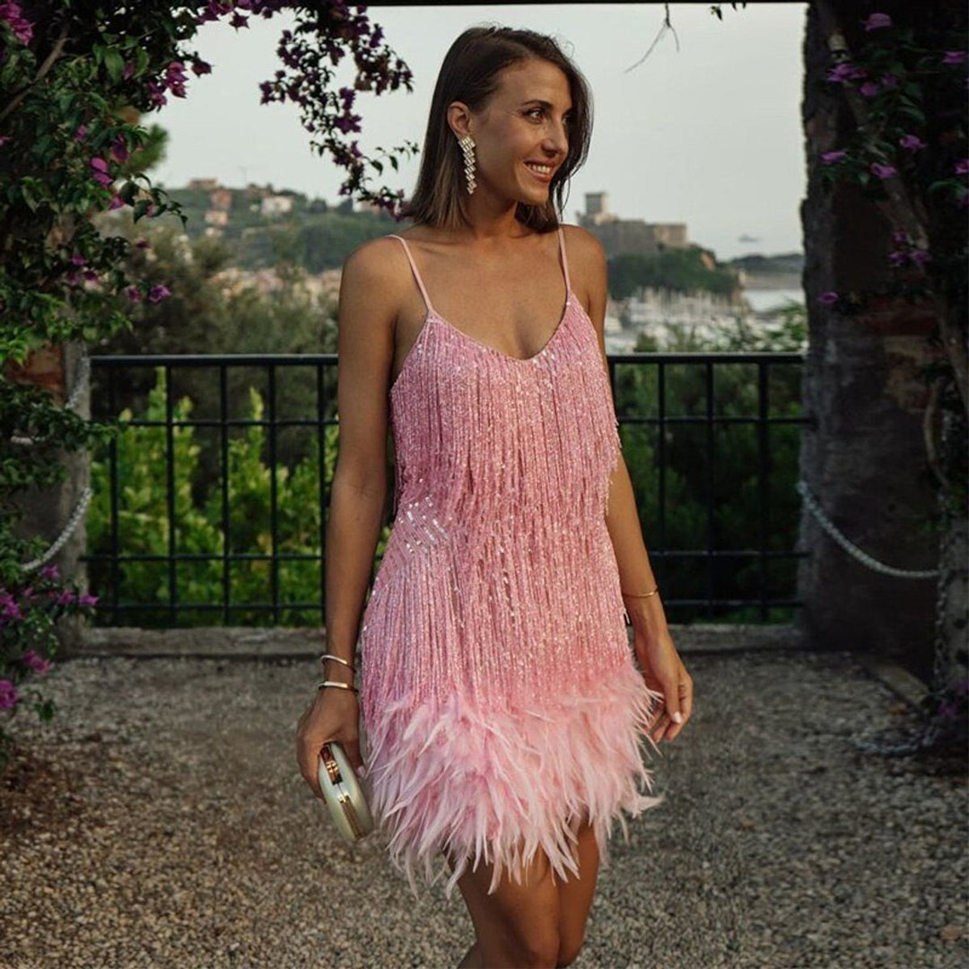Women's Spaghetti Strap Fringe Feather-Trim Mini Cocktail Dress