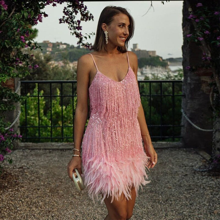Women's Spaghetti Strap Fringe Feather-Trim Mini Cocktail Dress