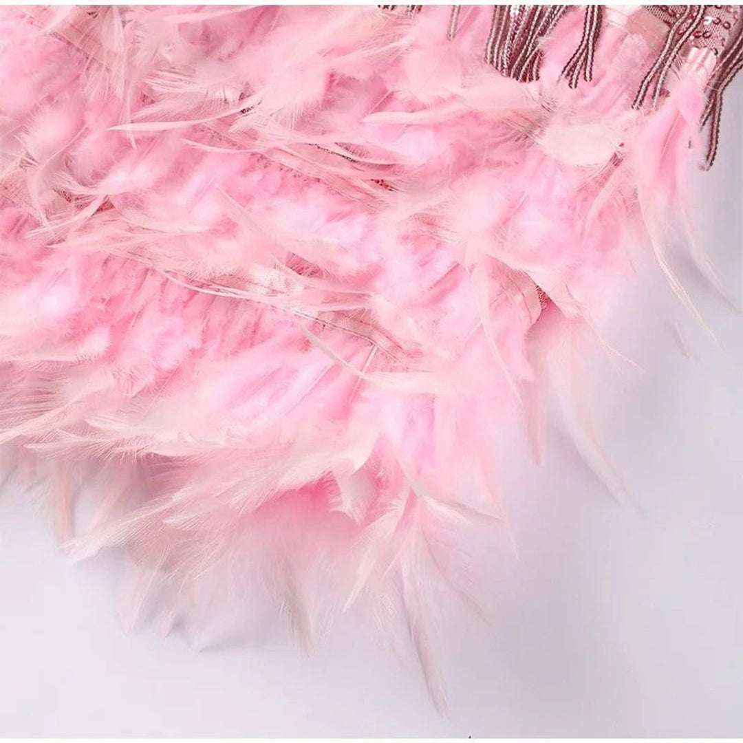 Women's Spaghetti Strap Fringe Feather-Trim Mini Cocktail Dress