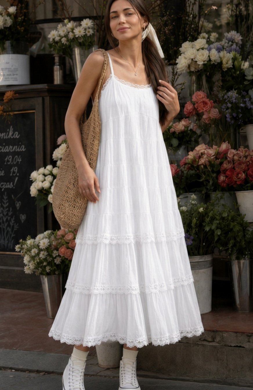 Women's Spaghetti Strap Tiered Lace Cotton Midi Dress - White