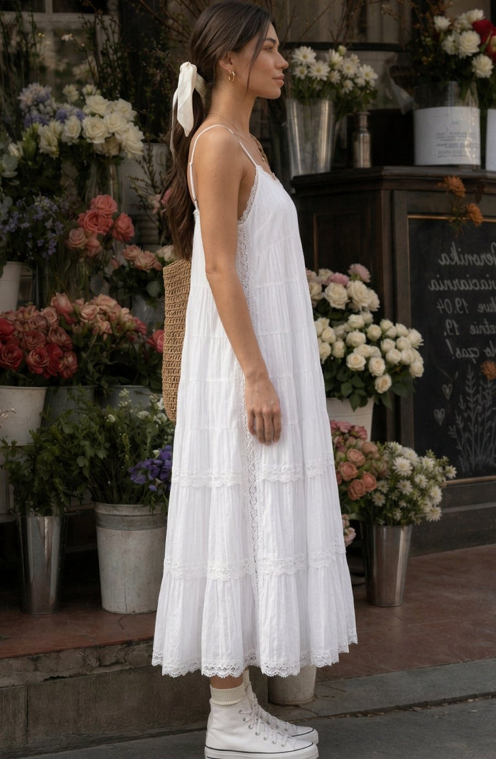 Women's Spaghetti Strap Tiered Lace Cotton Midi Dress