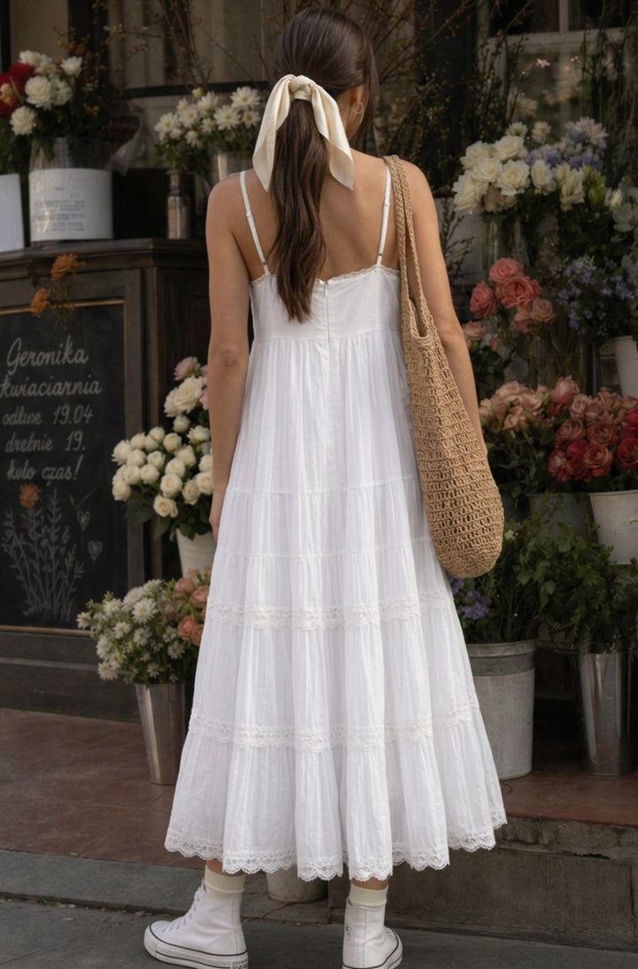 Women's Spaghetti Strap Tiered Lace Cotton Midi Dress