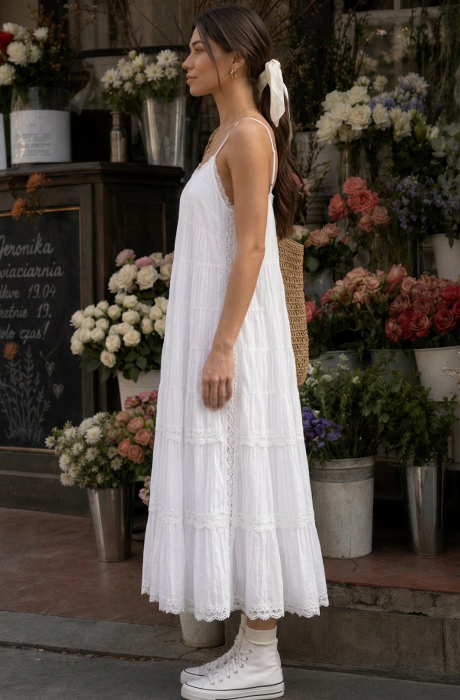 Women's Spaghetti Strap Tiered Lace Cotton Midi Dress