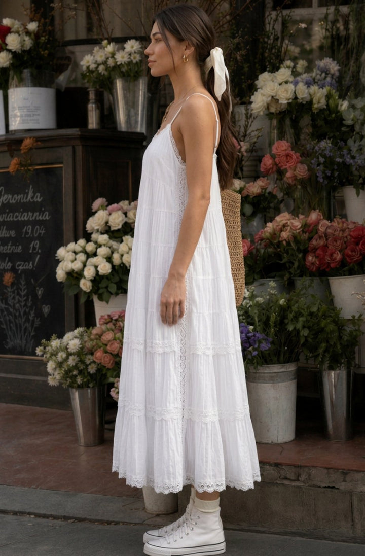 Women's Spaghetti Strap Tiered Lace Cotton Midi Dress