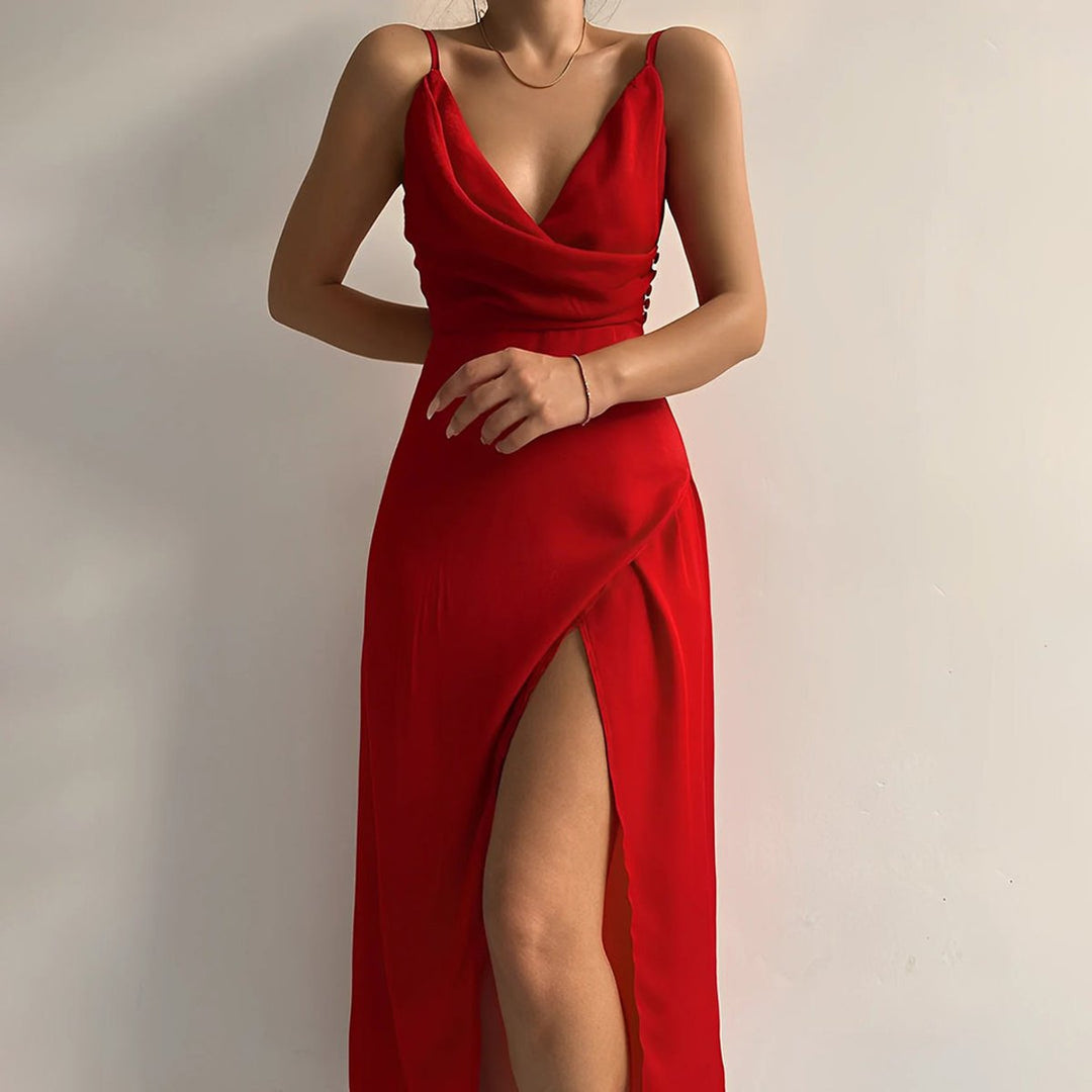 Women's Spaghetti Strap V-Neck Cocktail Party Dress High Slit Maxi - Red